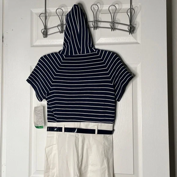 NWT John Roberts Sailor Striped Short Sleeve Hooded Belted Jumpsuit Vintage - Picture 6 of 7